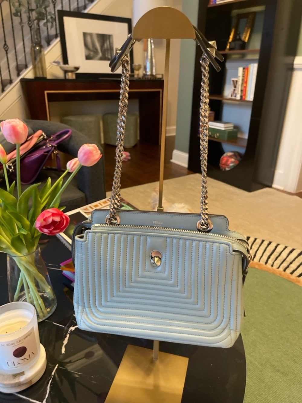 Fendi DotCom Click Pale Blue Quilted Leather Chain Shoulder Bag